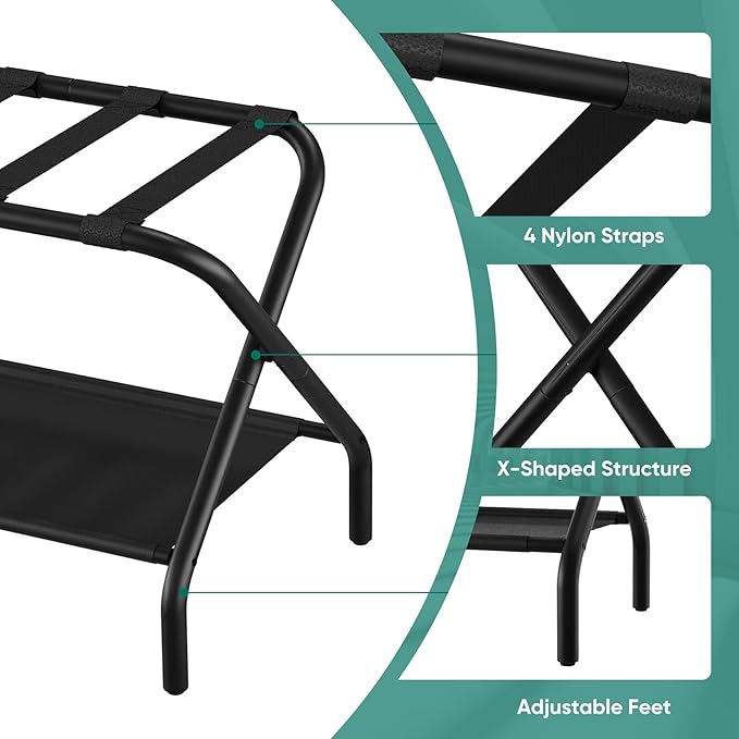 Smuxee Black Luggage Rack, Foldable Suitcase Stand with Fabric Storage Shelf, Luggage Holder with 4 Nylon Straps for Guest Room Bedroom Hotel