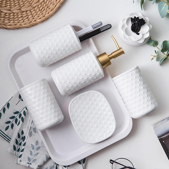 Ceramic Bathroom Accessories Set, 4 Pack Bathroom Ensemble for Bathroom Includes 1 Lotion Dispenser 1 Toothbrush Holder 1 Tumbler 1 Soap Dish (White)