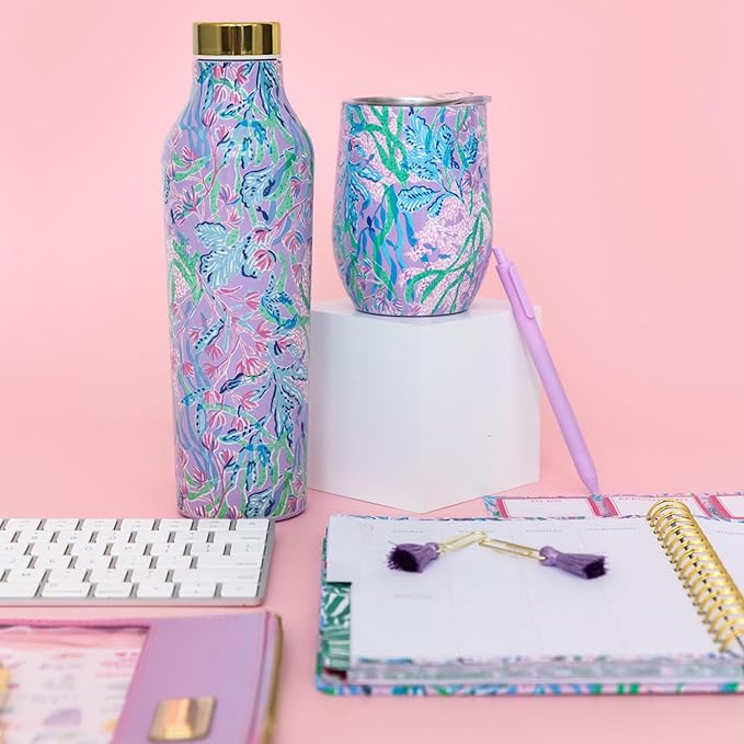 Lilly Pulitzer 12 Oz Insulated Tumbler with Lid, Yellow/Green Stainless Steel Travel Wine Glass, Double Wall Metal Cup (Secret Escape)