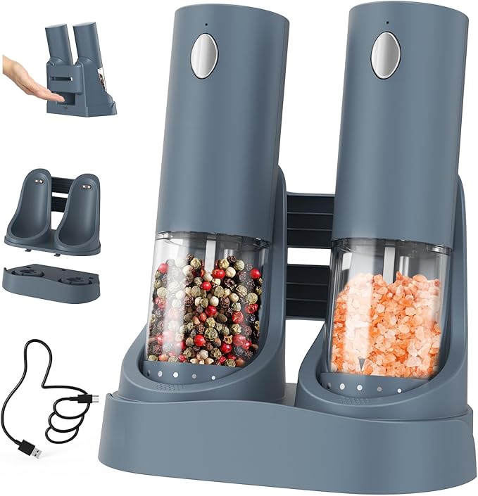 CIRCLE JOY Electric Salt and Pepper Grinder Set Automatic Salt and Pepper Grinder Set with Easy-to-Carry Charging Base and LED Light, Adjustable Coarseness, USB Rechargeable, Washable Container, Blue