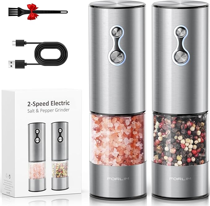 FORLIM Rechargeable Electric Salt and Pepper Grinder Set, Dual-Speed Control, Stainless Steel Automatic Salt & Pepper Mill with Dust Cover, 2 LED Lights, Adjustable Coarseness (2-Pack, Glossy Silver)