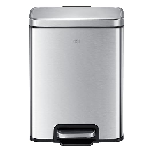 EKO Madison 6L / 1.6 Gal Bathroom Trash Can with Lid and Removable Inner Basket, Rectangular Small Step Trash Can, Brushed Stainless Steel