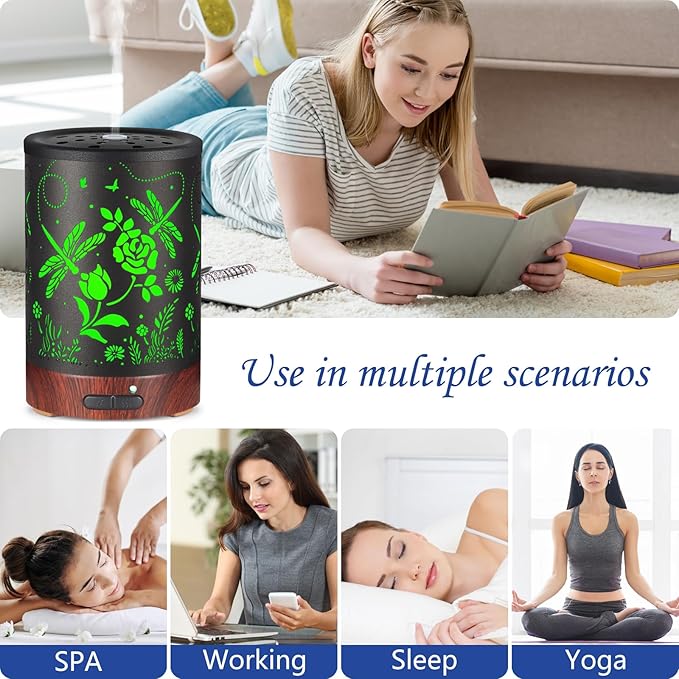 Essential Oil Diffuser- Aromatherapy Diffuser with7 Colors Light and Auto-Off for Women Metal Cool Mist Humidifier for Home and Office for Mom Women(Roses + Dragonflies)