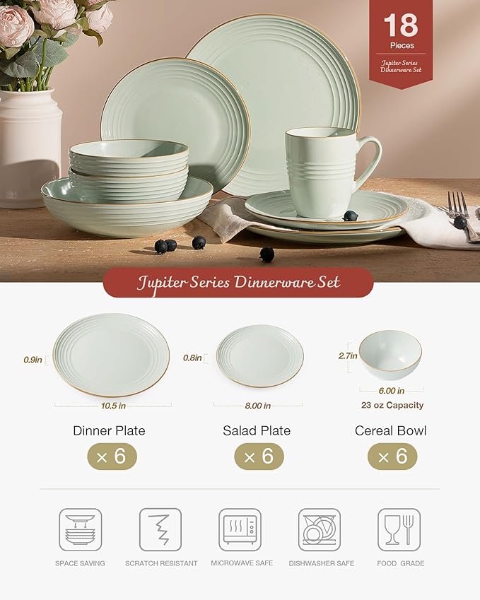 Famiware Jupiter Dinnerware Set, Plates and Bowls Dish Sets for 6 (18 Pieces), Microwave and Dishwasher Safe Stoneware Speckled Tableware, Chip and Scratch Resistant, Light Green