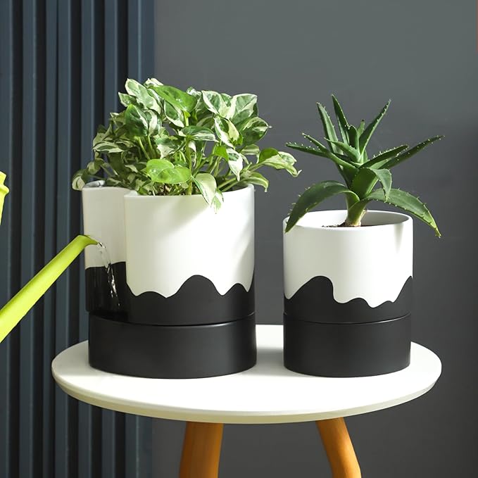 Nihow Self Watering Plant Pot: 8 Inch Ceramic Planter with Drainage Hole & Water Storage Plus for Indoor & Outdoor Plants - Cylinder Round Flower Pot for Succulent/Herbs/Violets - White & Wave Black