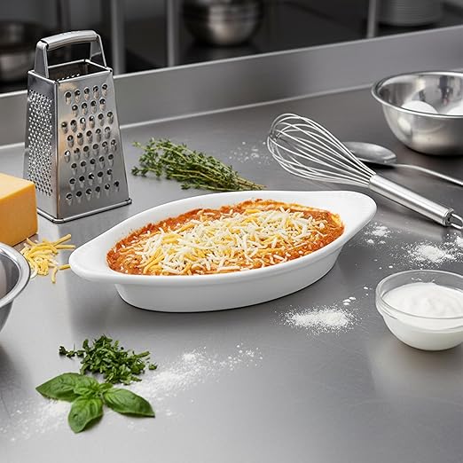 Tuxton China BWN-080 Welsh Rarebit, 8 oz., 8-1/8" x 4-3/8" x 1-1/4"H, Oval, Microwave and Dishwasher Safe, Oven Proof, Fully Vitrified, Ceramic, TuxCare, Healthcare, White, Pack of 12