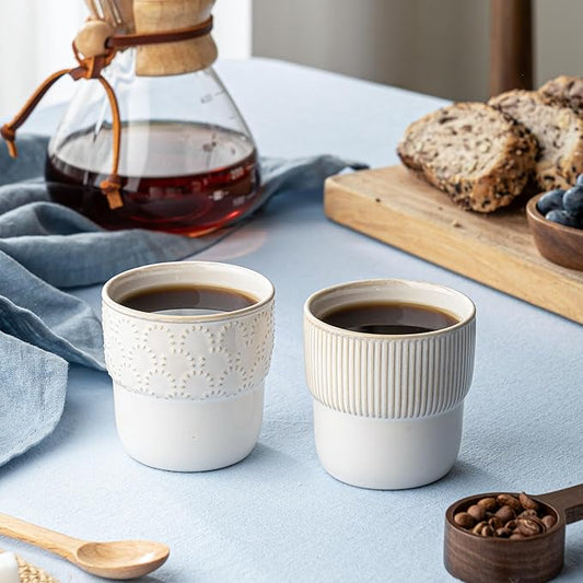 Espresso Cups Set of 2, 4oz Espresso Shot Cups, Mini Coffee Mugs Farmhouse Decor, Espresso Cup Perfect for Espresso Machine, Microwave and Dishwasher Safe,(Embossed Stripes+Firework)