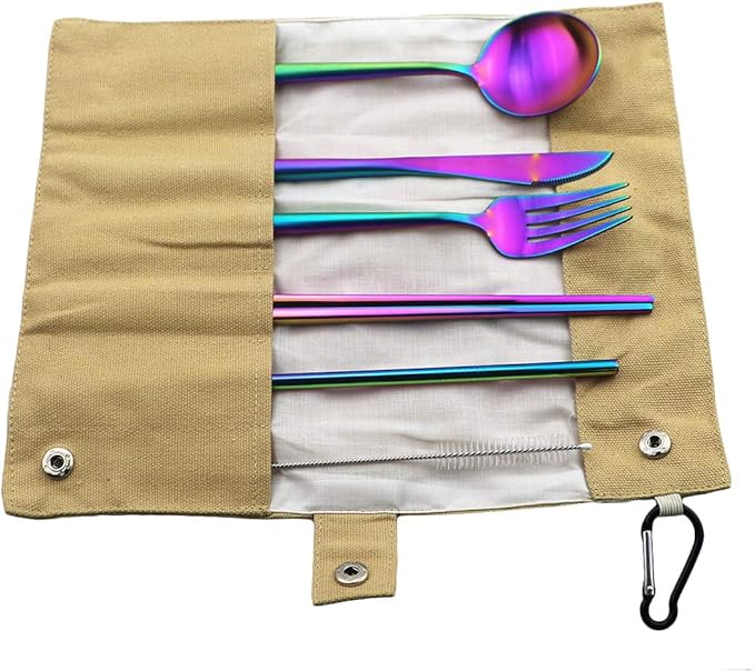 Gugrida Luxury Rainbow Matte Portable 18/10 Stainless Steel Travel Flatware Sets of 7 Portable Camping Cutlery Set, Healthy & Eco-Friendly Flatware Set with Carrying Case for Travel or Camping