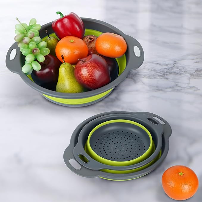 Collapsible Colander 3-Pack Set Space-Saving Foldable Kitchen Strainer with Non-Slip Base Durable Thickened PP+TPE Collapsible Strainers for Pasta, Vegetables, Fruits (Gray-Green)