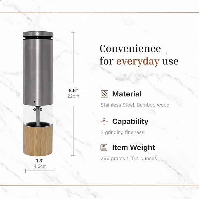 Automatic Battery Operated Electric Pepper and Salt Mill Grinder Set with Adjustable Mechanism for Fine, Medium, and Coarse Grinding (2 Pack)