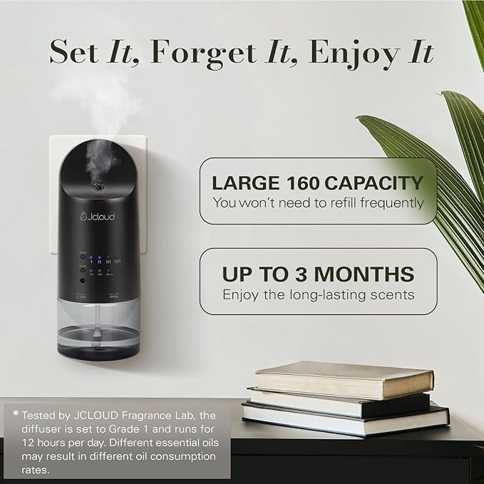 JCLOUD 2025 Plug in Diffuser for Essential Oils, Waterless Scent Diffuser Cover Up to 500 Sq. Ft. for Home, Office, Spa - Portable Wall Aromatherapy Device 160ML, Black