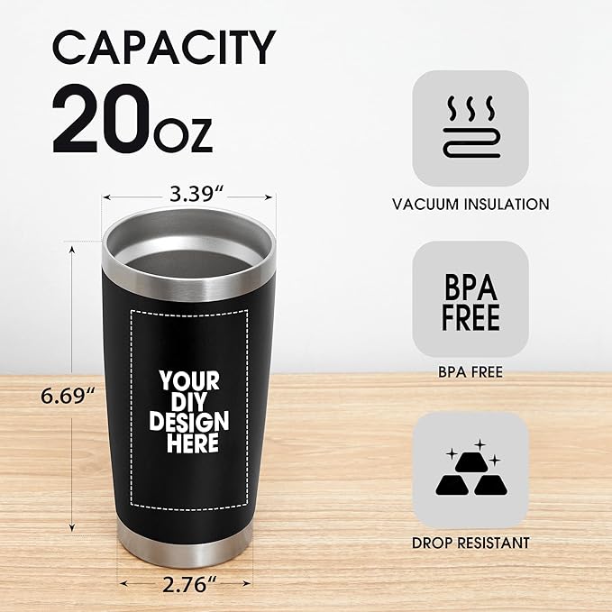 Personalized Custom Tumbler Print in USA 20oz Stainless Steel Coffee Cup with Lid & Straw Double Wall Insulated Tumbler with Colorful Text Logo Photo