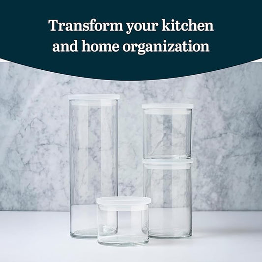 Libbey Stacking Cylinder Assorted Storage Jars, Stackable Glass Jars Set of 4, Airtight Plastic Lids, Dishwasher Safe Food Jars for Storing Dry Goods