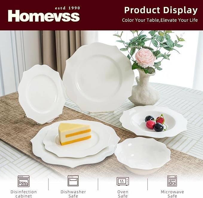 HomeVss, New Bone China Dinnerware Set, Embossed Lotus Design, 40pc Set