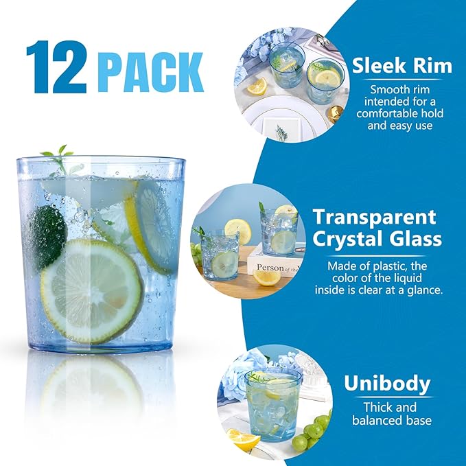 Liacere Plastic Drinking Glasses (Set of 12) 14 oz Blue Reusable Plastic Glasses Colors,Kitchen Water Glasses Cup, Bar Tumbler Glassware Set for Beer, Juice, Cocktail, Whiskey, Milk