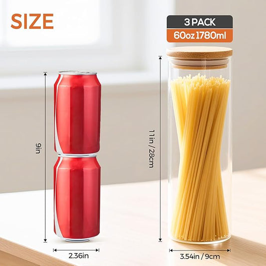 Glass Food Storage Containers for Pasta Spaghetti, 11in Tall Glass Jars with Airtight Bamboo Lids, Kitchen Storage Pantry Jars Organizers, For Cookies Flour Cereal Coffee Beans (Set of 3)