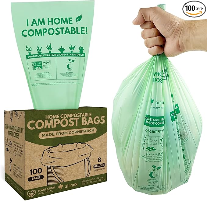 Compostable Kitchen Trash Bags 8 Gal - Cornstrarch Leakproof & Tear Resistant 100 Compost Bags - OK Compost Home & Seedling Certified 0.22 mm Kitchen Garbage Bags