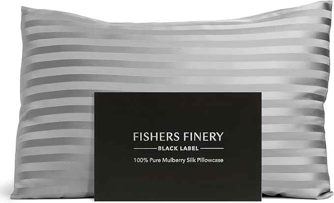 Fishers Finery 30mm 100% Pure Mulberry Silk Pillowcase, Quality Tested (Gray Stripe, Standard)