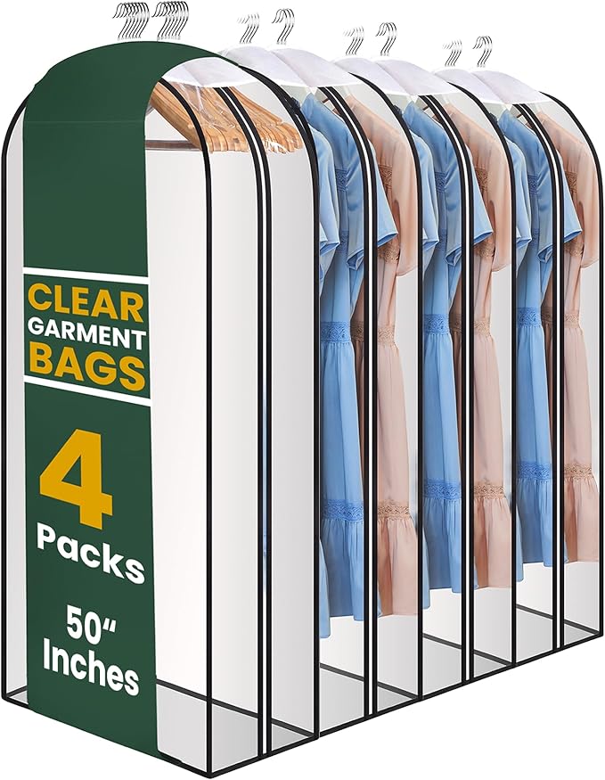 Clear Garment Bags for Clothes Storage - 4-Pack Plastic Hanging Covers and Clothing Protectors, Long Dress Suit Jacket Closet Cover Dust Proof Garment Bag Set for Organized Wardrobe Storage (50")