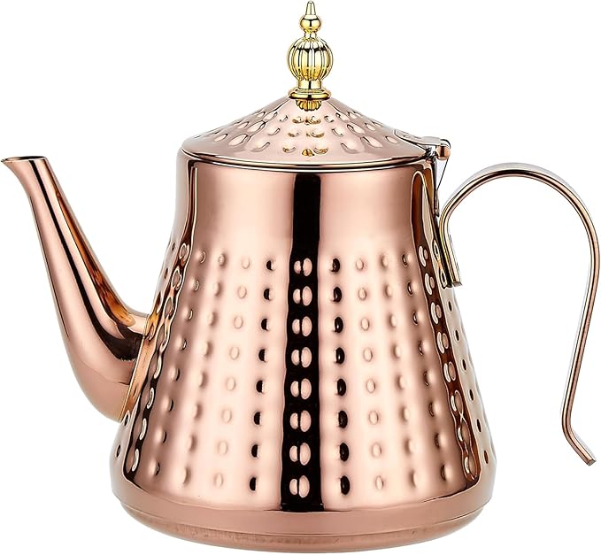 SANQIAHOME 1.2L(40oz) Stainless Steel Hammer Patterned Teapot With Removeable Infuser,Loose leaf cover,Copper