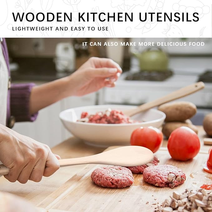 Wooden Spoons for Cooking, 4-Piece Wood Utensil Set Includes Slotted Spoon, Spoon & Wooden Spatula for Cooking – Uncoated Beech Wood Kitchen Utensil Set – 12 Inch Hardwearing Tools