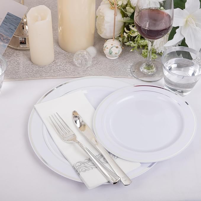 175Pcs Silver Plastic Dinnerware Set, Plastic Plates Disposable for 25 Guests Include:25 Dinner Plates, 25 Dessert Plates, 25 Paper Napkins, 25 Cups, 25 Silver Plastic Silverware Set