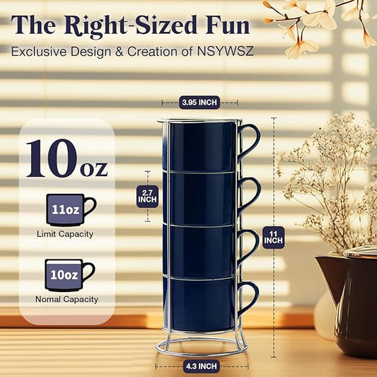 10 Ounce Blue Porcelain Stackable Cappuccino Cups with Stainless Steel Holder, Set of 4, Durable Ceramic, Perfect for Home, Office or Gift