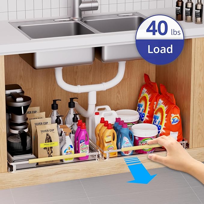 Expandable Pull Out Drawer Cabinet Organizer, Adjustable Width Bottom-Mounted Slide Out Storage Shelves for Cabinets, Required Cabinet Size (14.16"~24.36", D≥17.3"), 1 Pack, Stainless Steel