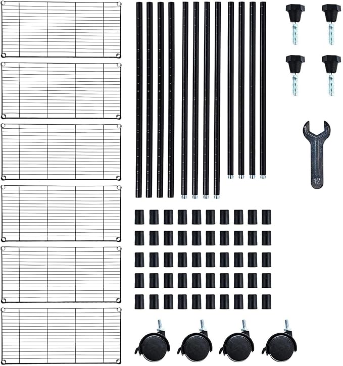 Simple Deluxe Heavy Duty 6-Shelf Shelving, 29.92'' D x 13.98'' W x 71.65'' H Adjustable Wire Shelving with Hanging Hooks and Wheels, Black