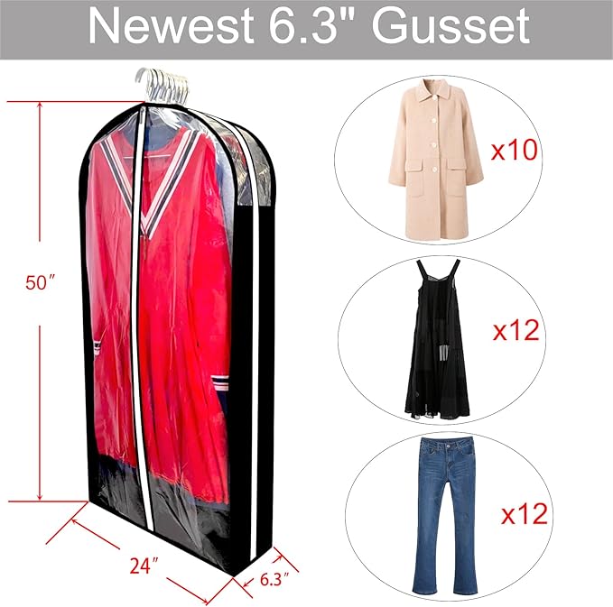 Dress Bags for Gowns Long with 6.3" Gusset, 50" Clear Long Garment Bags for Hanging Clothes, Dresses Covers and Side Zipper Protector for Storage, Overcoat, Trousers, Sweater, 3 Packs