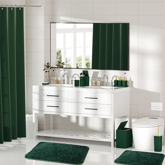 Bathroom Accessory Set - Bathroom Set, 27PC Bathroom Accessories Set, Dark Green Bathroom Sets with Shower Curtain and Rugs, Mini Trash Can, Toilet Brush, Trash Can & Soap Dispenser
