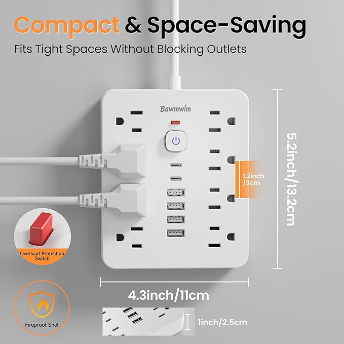 Surge Protector Power Strip - 8 Outlets(1250W/10A) 4 USB A(2 USB C, 10FT Flat Plug Extension Cord, Wall Mount Multi Plug Outlet Extender, ETL Listed for Home, Dorm Room