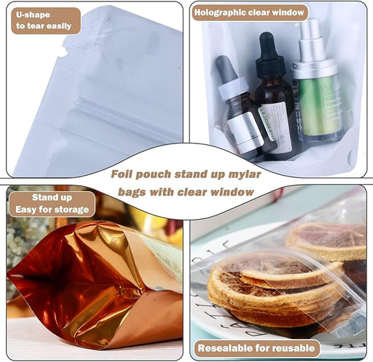 150-pack 7" x 10" Stand Up Mylar Bags with Clear Window 1 Quart Large Resealable Foil Pouches for Food Storage Smell Proof Edible Packaging Bag for Cookies and Small Business, Bulk