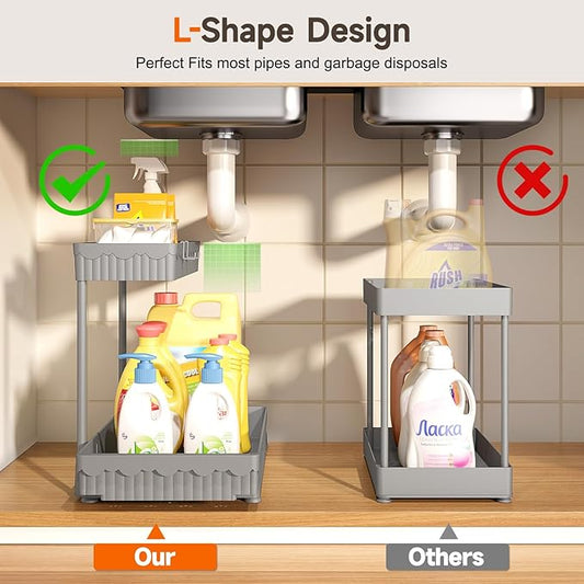 3 Pack Multi-Purpose Under Sink Organizers and Storage, 2025 L-Shaped Pull Out Cabinet Organizer for Bathroom & Kitchen, Under Cabinet Organizer with Hooks Hanging Cup, Grey, 14.85 inch