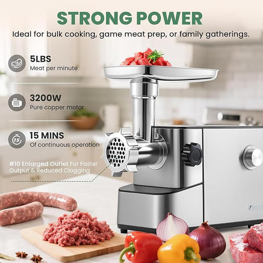Huanyu Meat Grinder Electric 3200W Max Power, Built-in Storage, Heavy Duty, 2 Blades, 3 Plates, Sausage Tubes and Kubbe Kit #10 Outlet for Home Use