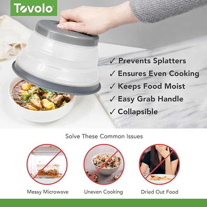 Tovolo Microwave Splatter Cover for Food, 3-Pack (Charcoal) - Collapsible & Vented Silicone Splatter Guard Lid - Microwave Plate & Dish Cover with Handle - BPA-Free Kitchen Gadget for Meal Prep