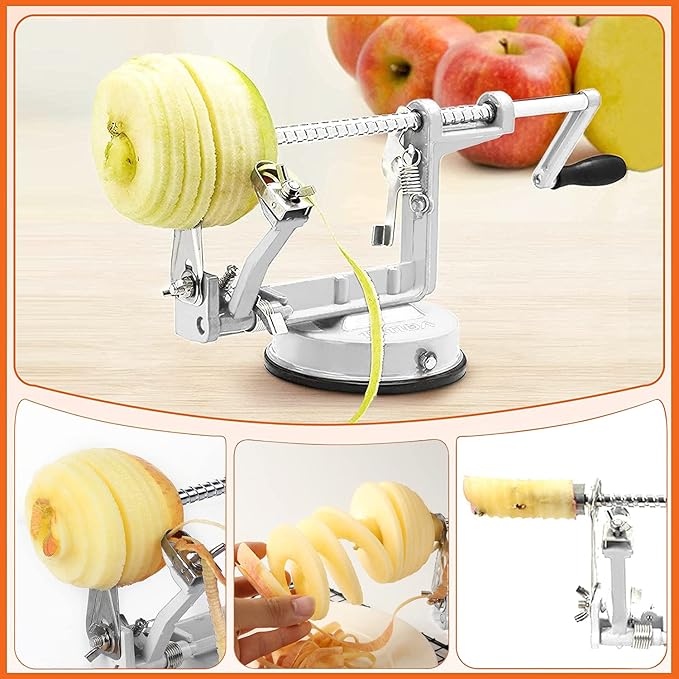 Apple Peeler Corer, Long lasting Chrome Cast Magnesium Alloy Apple Peeler Slicer Corer with Stainless Steel Blades and Powerful Suction Base for Apples and Potatoes(White)