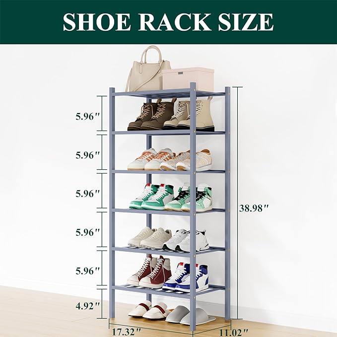 Smiry Shoe Rack, 6 Tier Small Bamboo Shoe Organizer, Stackable Free Standing Wooden Shoe Storage Shelf for Closet, Entryway, Front Door Entrance, Grey