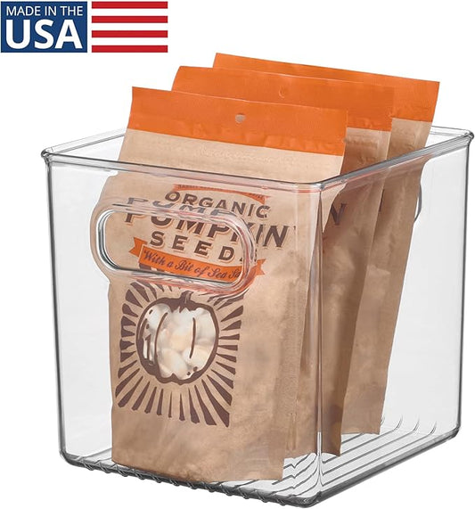 iDesign Recycled Plastic Pantry and Kitchen Storage, Freezer and Fridge Organizer Bin with Easy Grip Handles – 6” x 6” x 6”, Clear