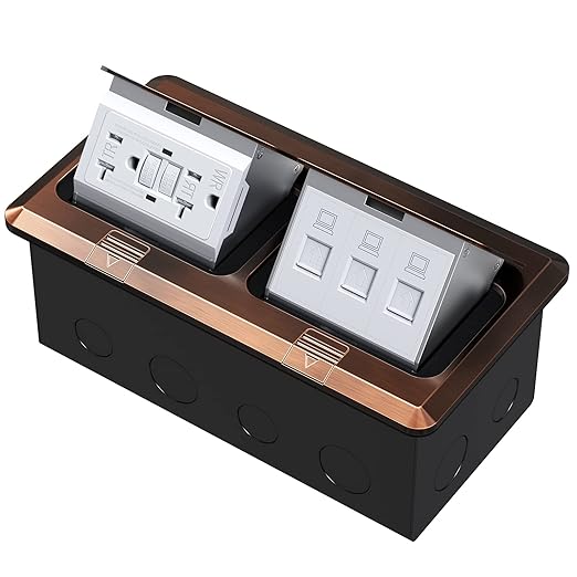 KYHSHJ Dual Pop-Up Floor Electrical Outlet Box Kit,20 Amp Stainless Steel GFCI TR Receptacle Outlet,3-Port RJ45 Datacom Receptacle, Bronze