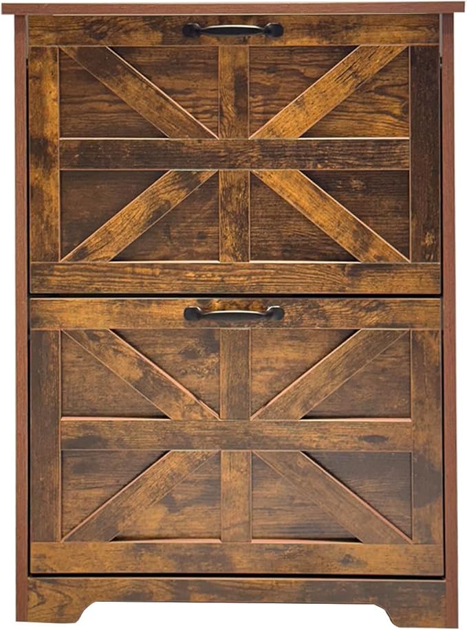 Shoe Storage Cabinet with 2 Flip Drawers, Farmhouse Shoe Organizer with Barn Door Design, Space-Saving Hidden Narrow Shoe Rack Cabinet for Entryway, Hallway & Foyer,Brown