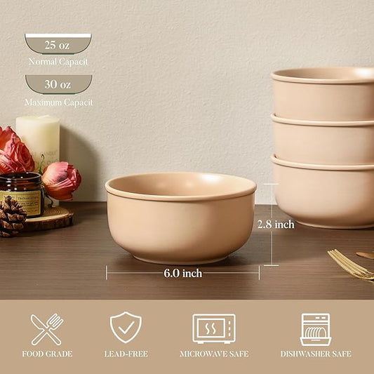 GZG 6-Inch Ceramic Cereal Bowls Set of 4, Rustic Matte Glazed Stoneware Bowls for Cereal, Soup, Salad & Snacks, 30 oz Capacity, Microwave & Dishwasher Safe(Warm Sand)