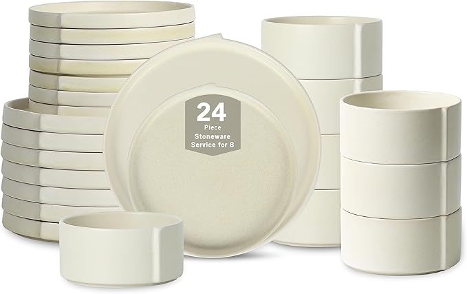 Stone Lain Bao 24-Piece Dinnerware Set Stoneware, Plates and Bowls Set, Dishwasher and Microwave Safe, Dish Set for 8, Beige