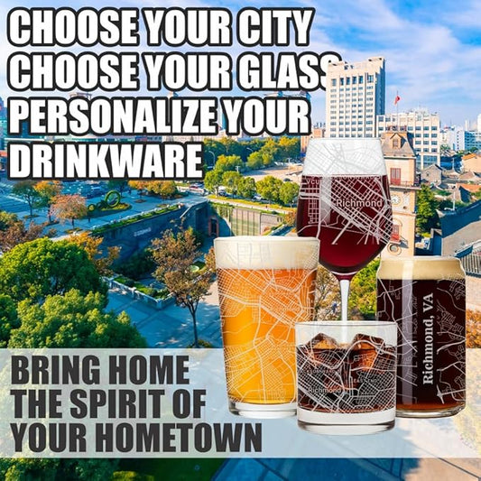 Blue Ridge Mountain Gifts - Richmond Souvenir - Virginia Glassware Gift, Etched City Map, Laser Engraved and Dishwasher Safe