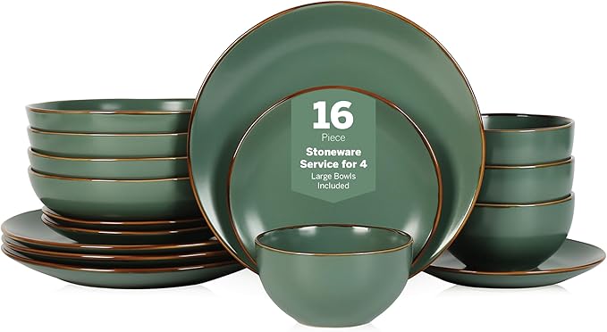 Stone Lain Brasa Modern Stoneware 16 Piece Dinnerware Sets, Plates and Bowls Sets, Dish Set for 4, Green