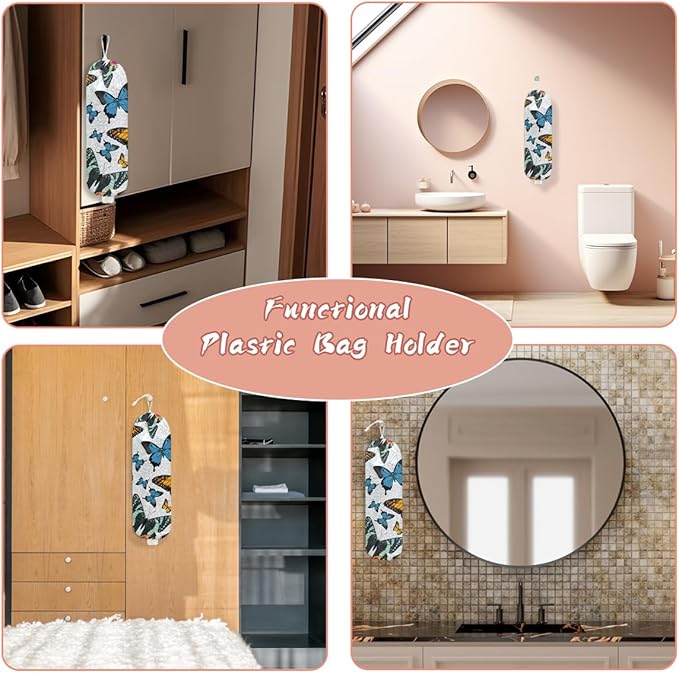 Butterfly Plastic Bag Holder, Wall Mount Grocery Bag Holder for Plastic Storage bag, Washable Storage Organizer Reusable Grocery Bags, Pull Rope Free Adjustment, Butterfly Gifts for Women Mom Sister