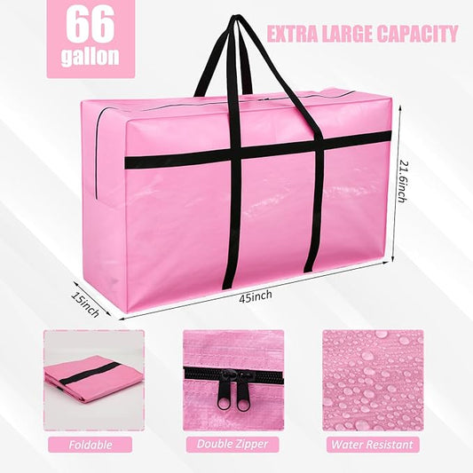 4 Pcs 66 Gallon Large Moving Bags with Zipper and Handles Foldable Storage Duffle Bags Heavy Duty Extra Large Totes for College Dorm Travel Clothes Blankets Bedding Moving (Pink)