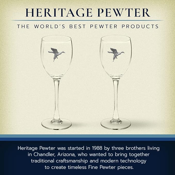 Heritage Pewter Pintail Duck Glass Goblets β Set of 2 | 12 OZ Goblet Wine Glasses | Expertly Crafted Pewter Glass