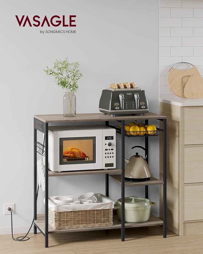 VASAGLE Baker's Rack, Coffee Bar Stand with Charging Station, 35.6 Inches Tall, Storage Shelves, Pull-Out Wire Basket, Table for Microwave, Kitchen, Heather Greige and Ink Black UKKS036K02