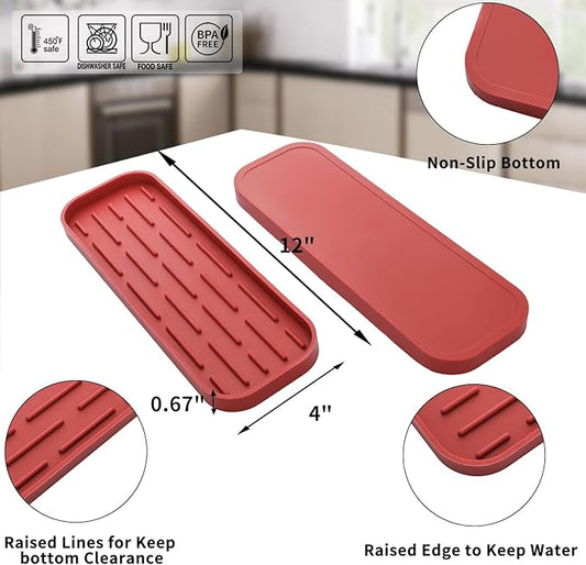 Silicone Kitchen Sink Organizer Tray for Multiple Usage,Eco-Friendly Sponges Holder for Kitchen Bathroom Counter or Sink,Dish Soap Dispenser,Scrubber,Bottle,Cup (Red, 12"Γ4")